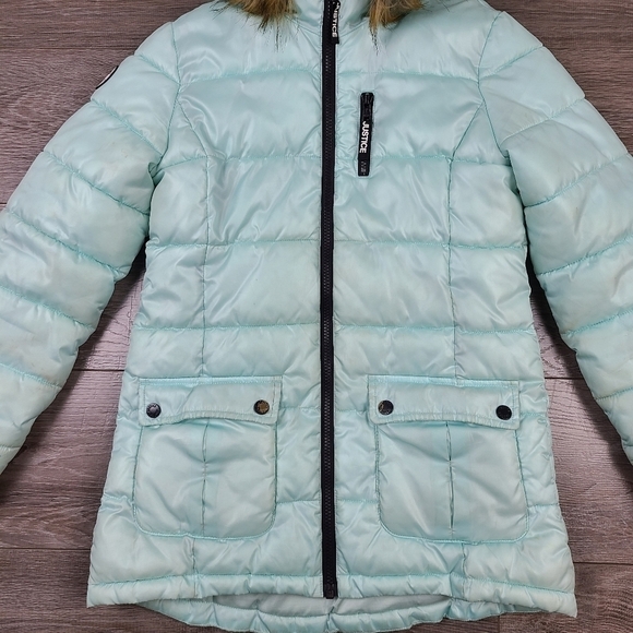 JUSTICE Girls' Teal Hooded Puffer Winter Coat Size 12 - Picture 4 of 16